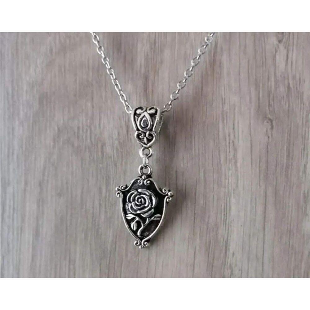 Small 2D Rose Shield Pendant on 16" Fine Silver Chain Necklace - Picture 3 of 3